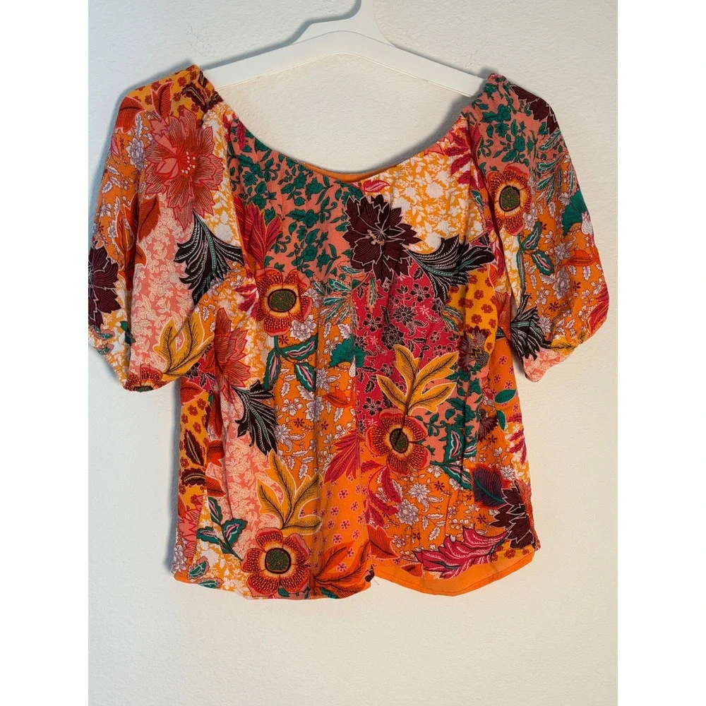 Loft Petites XXSP Floral Patchwork Puff Sleeve‎ Blouse Orange Pink Boho Top
